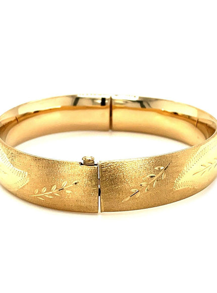 Classic Floral Carved Bangle in 14k Yellow Gold (13.5mm) - Ellie Belle