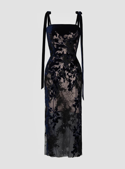 Anne Barge Clyde Velvet Lace Column Midi Evening Gown