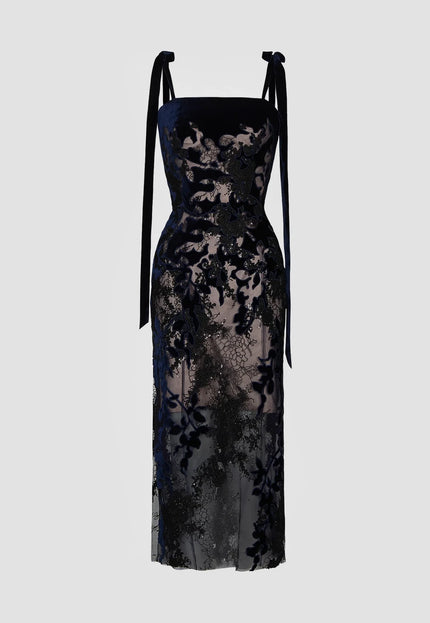 Anne Barge Clyde Velvet Lace Column Midi Evening Gown