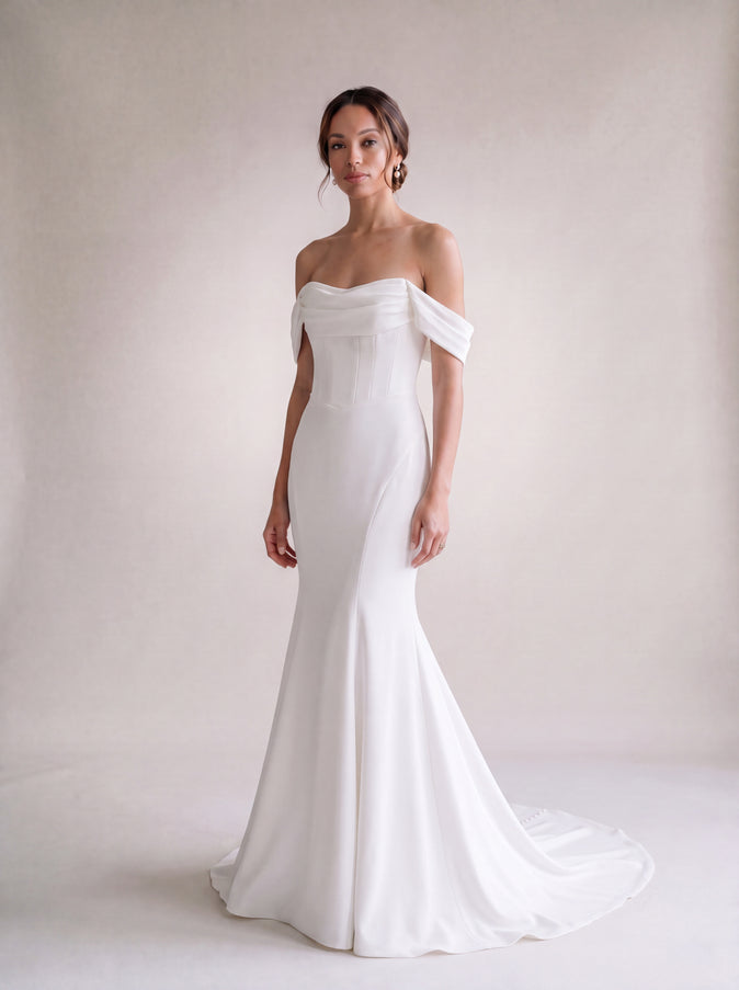 Ellie Belle Colette Off-Shoulder Crepe Wedding Gown