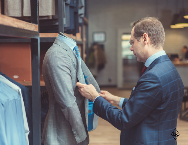 Men’s custom suit tailored at Ellie Belle in Eden Prairie, Minnesota.