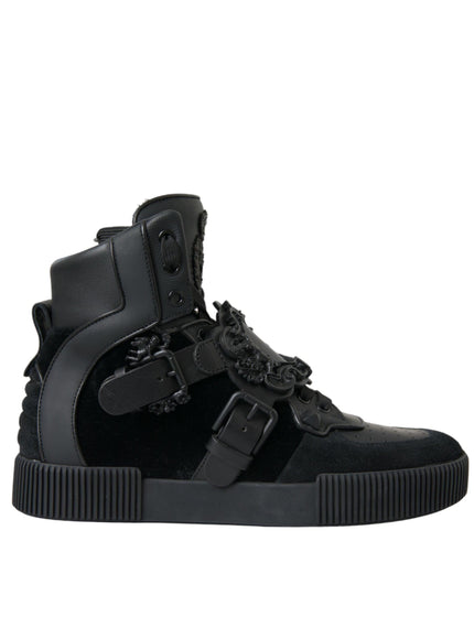 Dolce & Gabbana Baroque Buckle Hi-top Sneakers in Black Leather - Ellie Belle