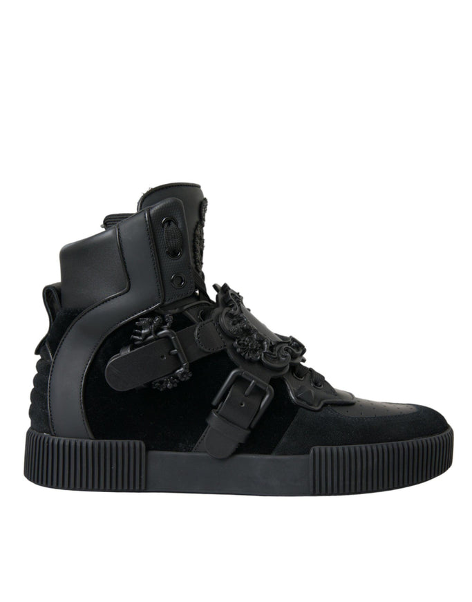 Dolce & Gabbana Baroque Buckle Hi-top Sneakers in Black Leather - Ellie Belle