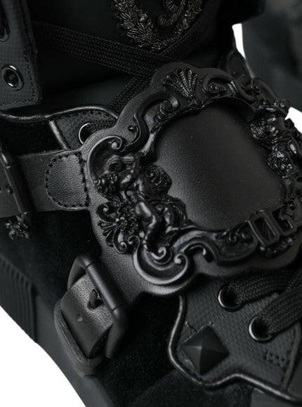 Dolce & Gabbana Baroque Buckle Hi-top Sneakers in Black Leather - Ellie Belle