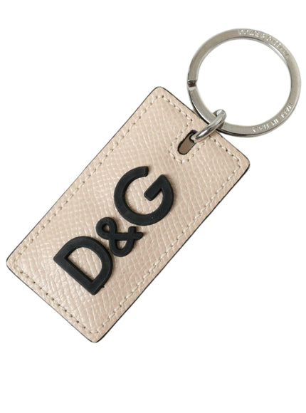 Dolce & Gabbana Beige Calf Leather DG Logo Silver Brass Keyring Keychain - Ellie Belle