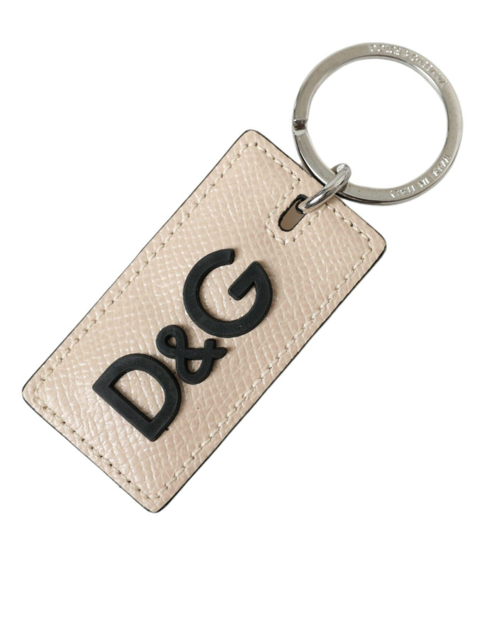 Dolce & Gabbana Beige Calf Leather DG Logo Silver Brass Keyring Keychain - Ellie Belle