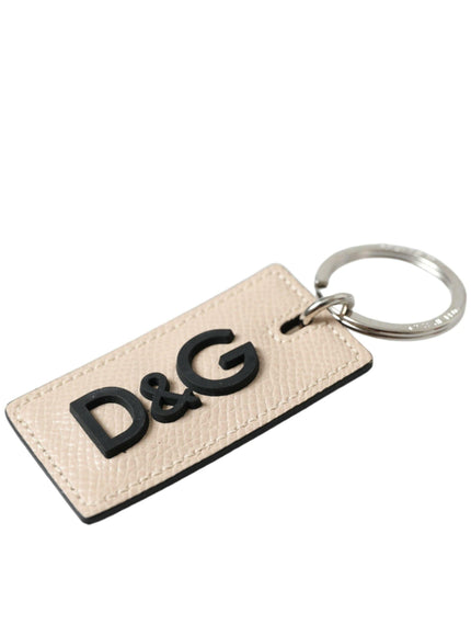 Dolce & Gabbana Beige Calf Leather DG Logo Silver Brass Keyring Keychain - Ellie Belle