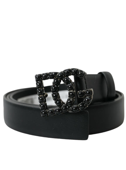 Dolce & Gabbana Black Calf Leather DG Crystal Buckle Belt - Ellie Belle