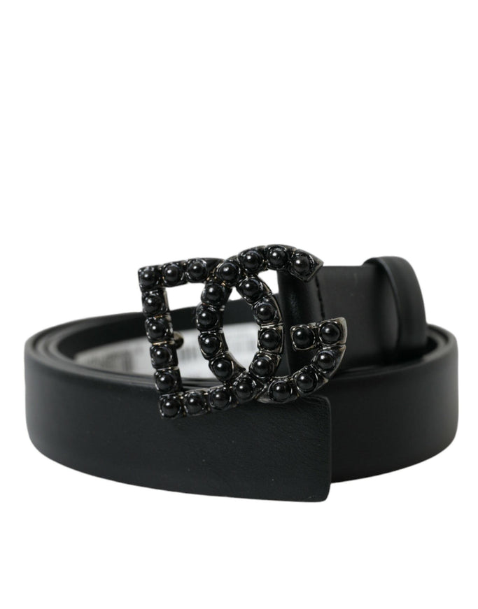 Dolce & Gabbana Black Calf Leather DG Crystal Buckle Belt - Ellie Belle