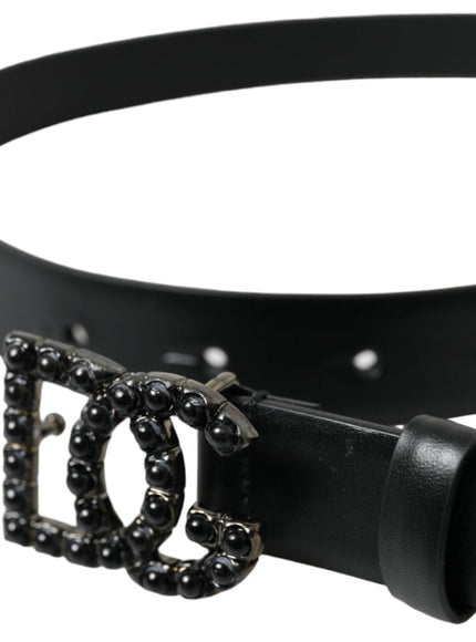 Dolce & Gabbana Black Calf Leather DG Crystal Buckle Belt - Ellie Belle