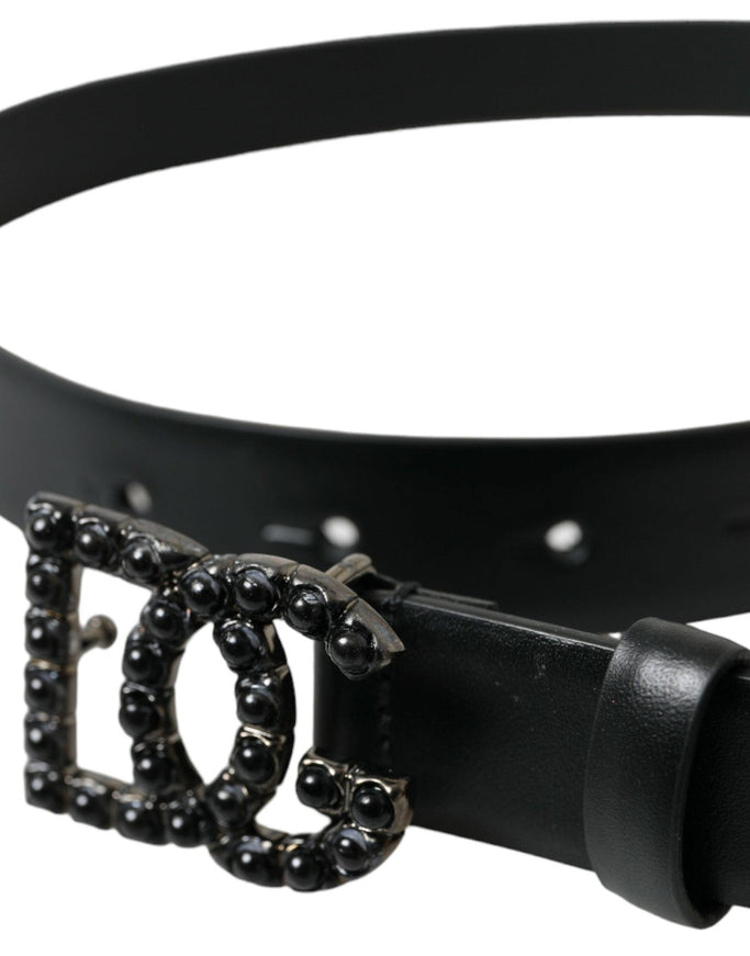 Dolce & Gabbana Black Calf Leather DG Crystal Buckle Belt - Ellie Belle