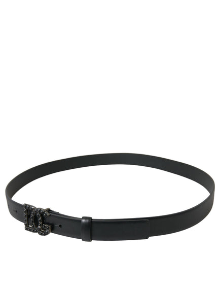 Dolce & Gabbana Black Calf Leather DG Crystal Buckle Belt - Ellie Belle