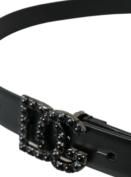 Dolce & Gabbana Black Calf Leather DG Crystal Buckle Belt - Ellie Belle