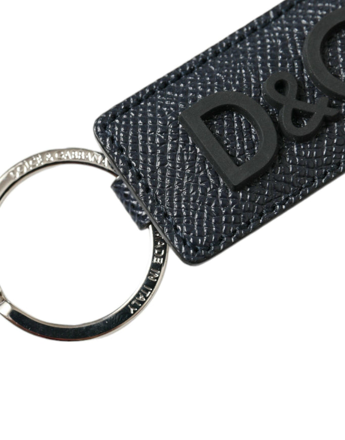 Dolce & Gabbana Black Calf Leather DG Logo Silver Brass Keyring Keychain - Ellie Belle