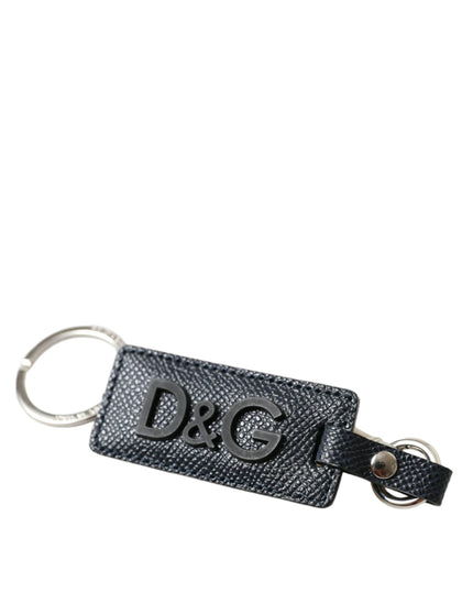 Dolce & Gabbana Black Calf Leather DG Logo Silver Brass Keyring Keychain - Ellie Belle