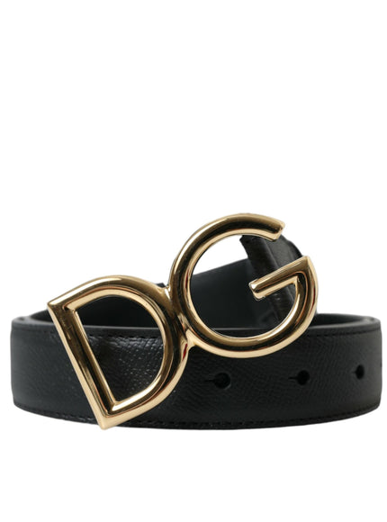 Dolce & Gabbana Black Calf Leather Gold DG Logo Buckle Belt - Ellie Belle