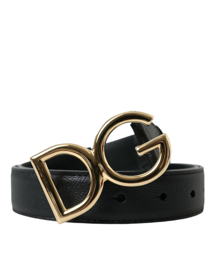 Dolce & Gabbana Black Calf Leather Gold DG Logo Buckle Belt - Ellie Belle