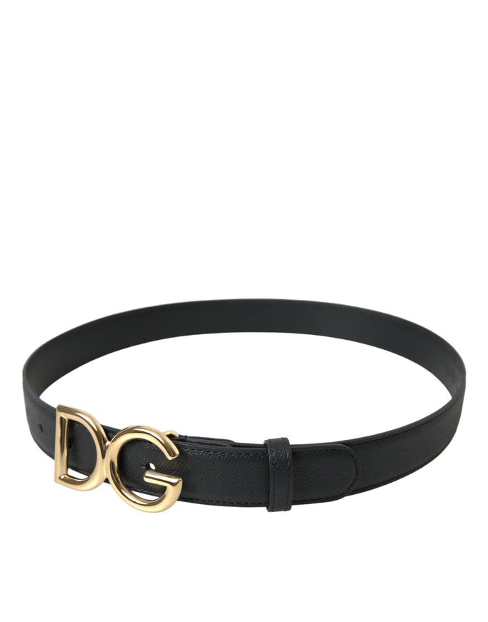 Dolce & Gabbana Black Calf Leather Gold DG Logo Buckle Belt - Ellie Belle