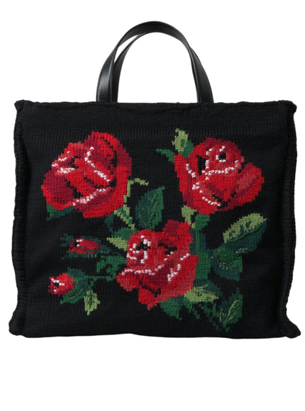 Dolce & Gabbana Black Cashmere Rose Embroidery Shopping Tote Bag - Ellie Belle