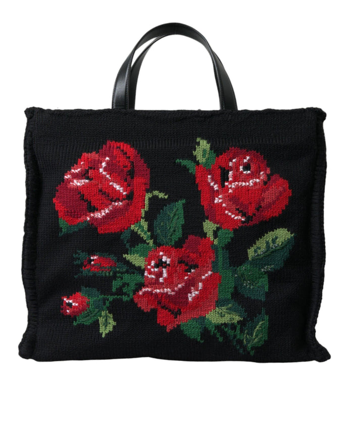 Dolce & Gabbana Black Cashmere Rose Embroidery Shopping Tote Bag - Ellie Belle