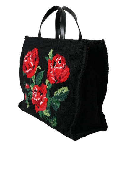 Dolce & Gabbana Black Cashmere Rose Embroidery Shopping Tote Bag - Ellie Belle