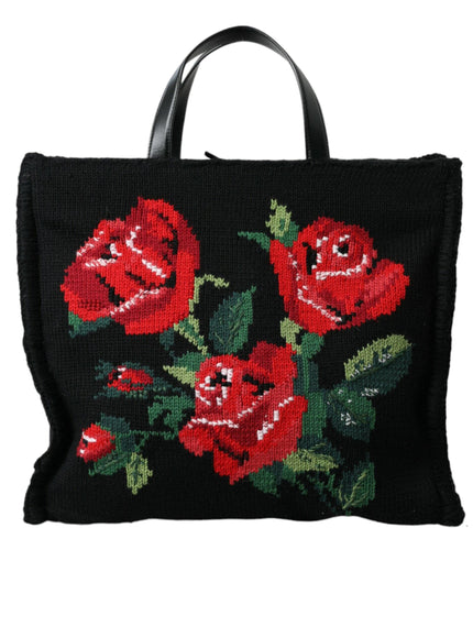 Dolce & Gabbana Black Cashmere Rose Embroidery Shopping Tote Bag - Ellie Belle