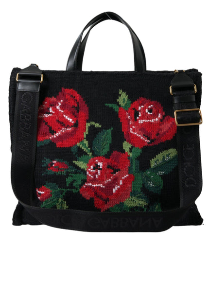 Dolce & Gabbana Black Cashmere Rose Embroidery Shopping Tote Bag - Ellie Belle