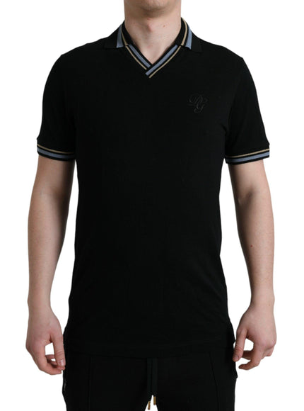 Dolce & Gabbana Black Cotton Collared V-neck Polo T-shirt - Ellie Belle