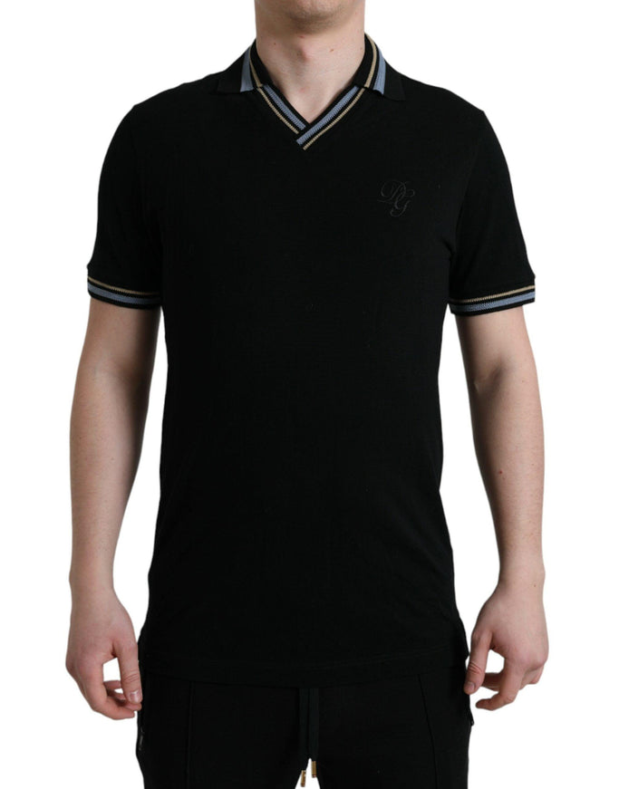 Dolce & Gabbana Black Cotton Collared V-neck Polo T-shirt - Ellie Belle