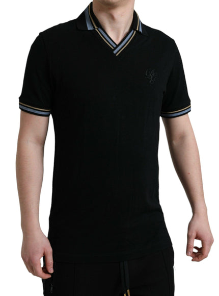 Dolce & Gabbana Black Cotton Collared V-neck Polo T-shirt - Ellie Belle