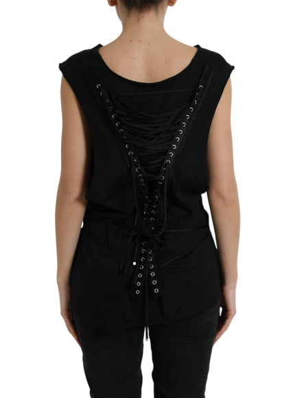 Dolce & Gabbana Black Cotton Lace Up Logo Round Neck Tank Top - Ellie Belle