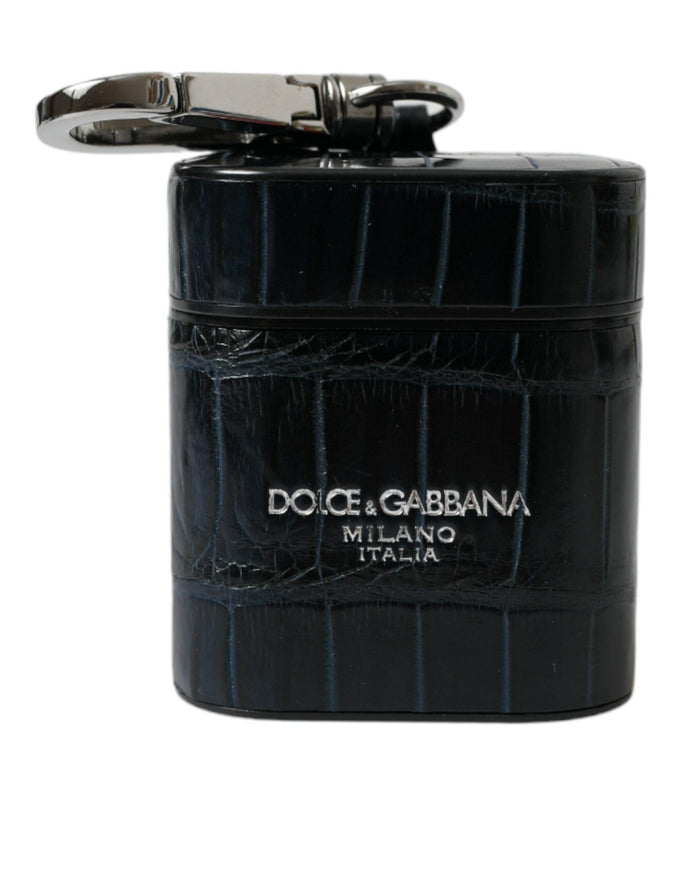 Dolce & Gabbana Black Crocodile Leather Silver Metal Logo Airpods Case - Ellie Belle