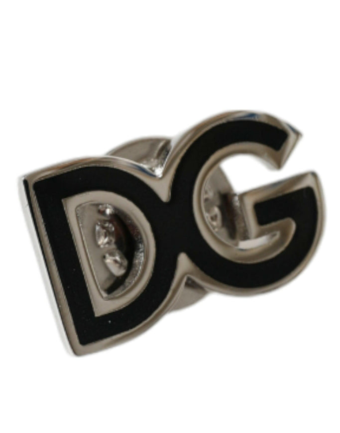 Dolce & Gabbana Black DG Logo Silver Tone Brass Pin Brooch - Ellie Belle