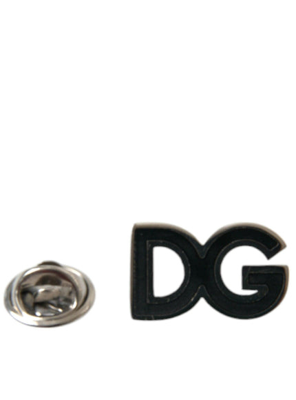 Dolce & Gabbana Black DG Logo Silver Tone Brass Pin Brooch - Ellie Belle