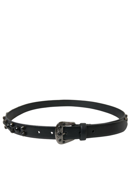 Dolce & Gabbana Black Embellished Leather Engraved Buckle Belt - Ellie Belle