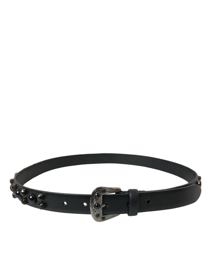 Dolce & Gabbana Black Embellished Leather Engraved Buckle Belt - Ellie Belle