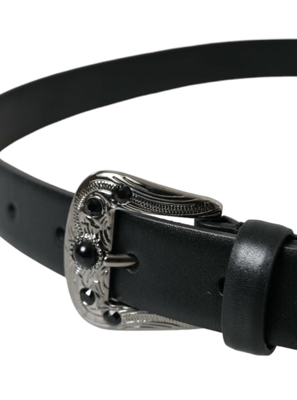 Dolce & Gabbana Black Embellished Leather Engraved Buckle Belt - Ellie Belle