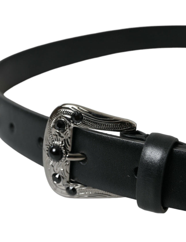 Dolce & Gabbana Black Embellished Leather Engraved Buckle Belt - Ellie Belle