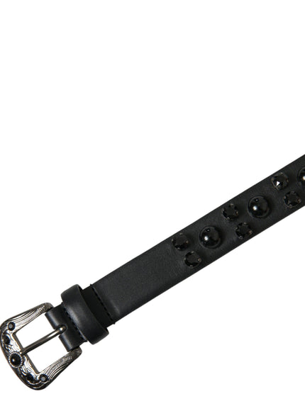 Dolce & Gabbana Black Embellished Leather Engraved Buckle Belt - Ellie Belle