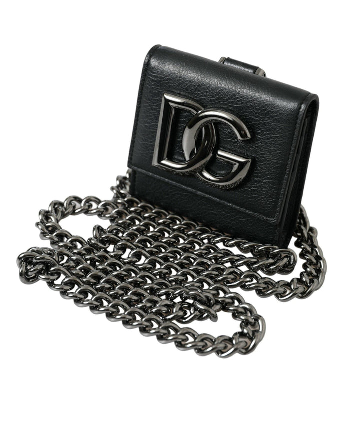 Dolce & Gabbana Black Lamb Leather Logo Card Holder Chain Strap Bags - Ellie Belle