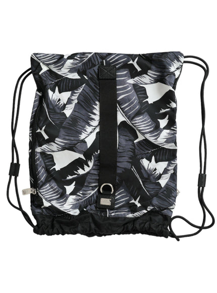 Dolce & Gabbana Black Leaf Print Adjustable Drawstring Nap Sack Bag - Ellie Belle