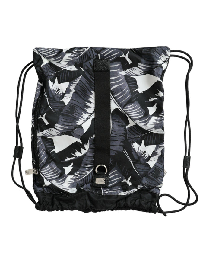 Dolce & Gabbana Black Leaf Print Adjustable Drawstring Nap Sack Bag - Ellie Belle