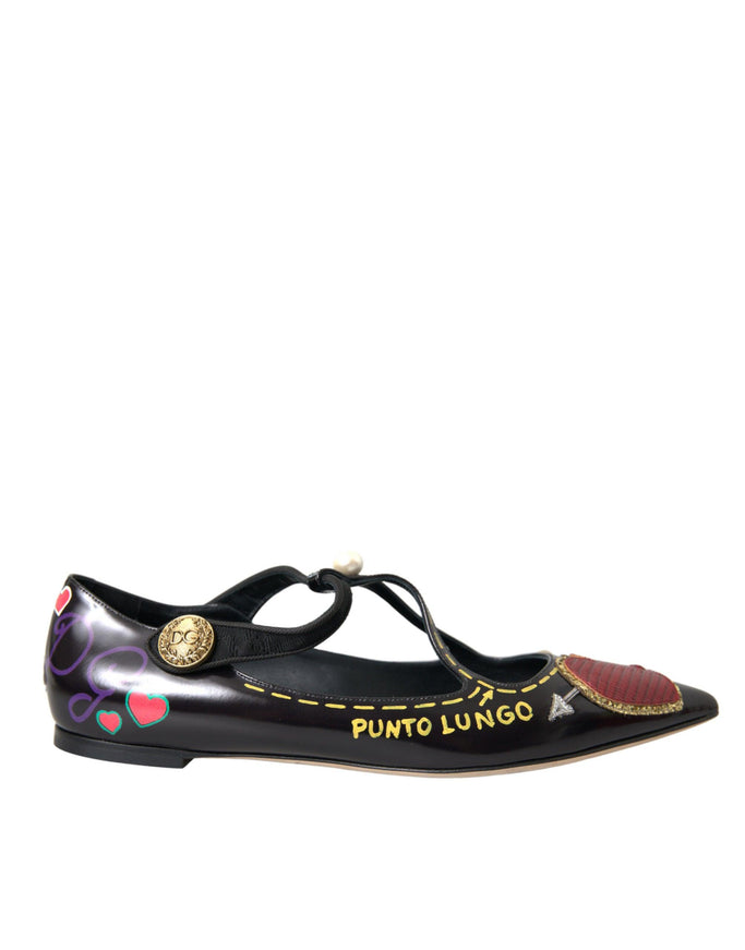 Dolce & Gabbana Black Leather Heart Embellished Flats - Ellie Belle