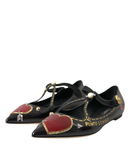 Dolce & Gabbana Black Leather Heart Embellished Flats - Ellie Belle