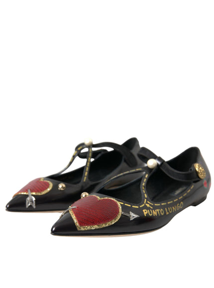 Dolce & Gabbana Black Leather Heart Embellished Flats - Ellie Belle