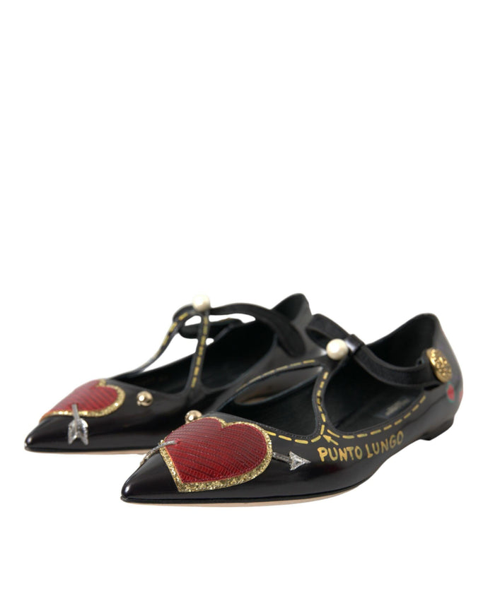 Dolce & Gabbana Black Leather Heart Embellished Flats - Ellie Belle