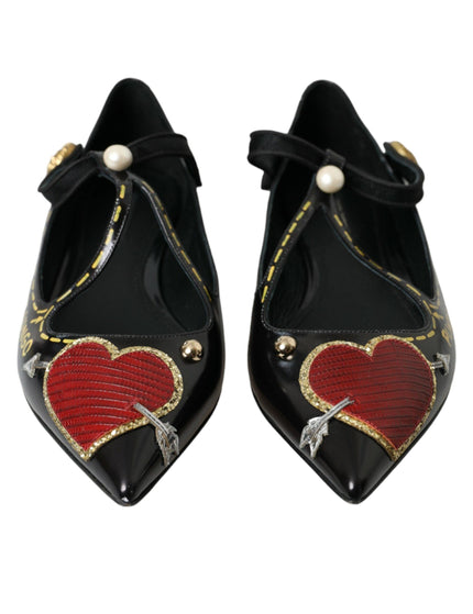 Dolce & Gabbana Black Leather Heart Embellished Flats - Ellie Belle