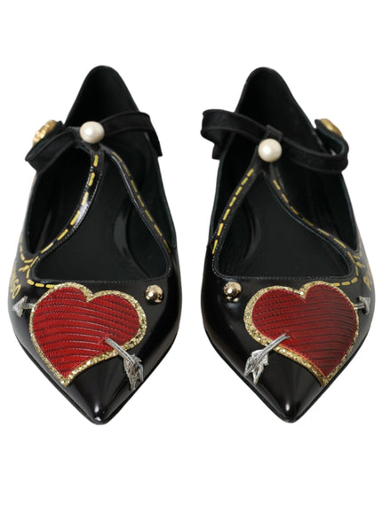 Dolce & Gabbana Black Leather Heart Embellished Flats - Ellie Belle