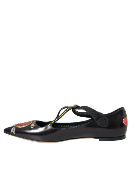 Dolce & Gabbana Black Leather Heart Embellished Flats - Ellie Belle