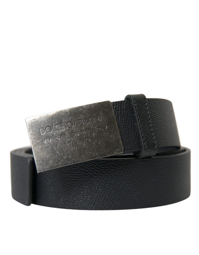 Dolce & Gabbana Black Leather Silver Rectangle Buckle Belt - Ellie Belle